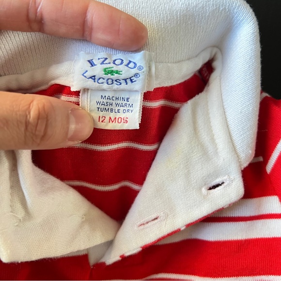 Vintage Izod Lacoste Striped Polo Onesie Red White Snap Button Size 12 Months - Picture 6 of 7